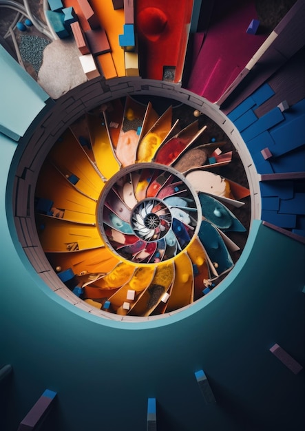 Un escalier en colimaçon dans un bâtiment aux nombreuses couleurs Image AI générative