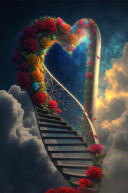 Escalier en colimaçon avec des roses en forme de coeur ai génératif