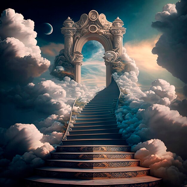 un escalier comme un environnement de nuages à monter à une destination mystérieuse