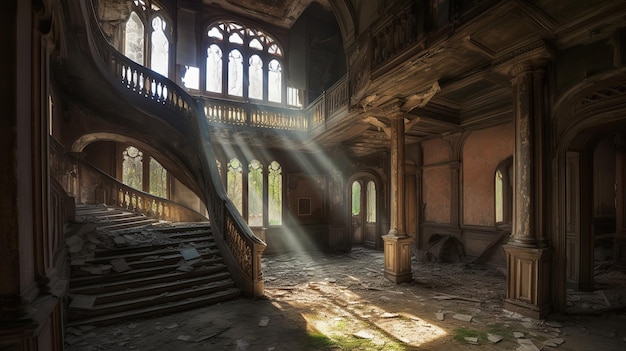 Un escalier dans un bâtiment abandonné avec le soleil qui brille à travers les fenêtres.