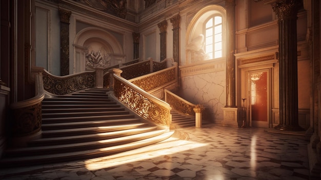 Un escalier dans un bâtiment avec une balustrade dorée et une grande fenêtre.