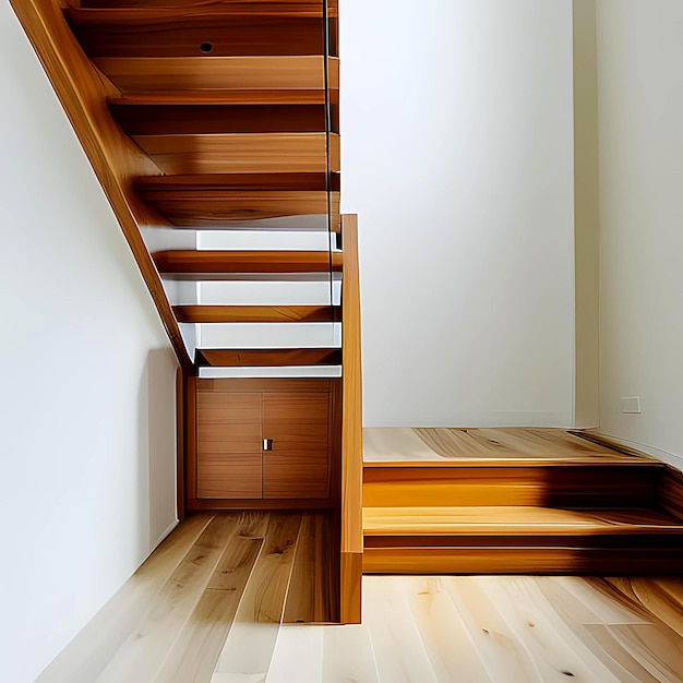 Escalier de devant en bois clair sur un fond blanc éclairé