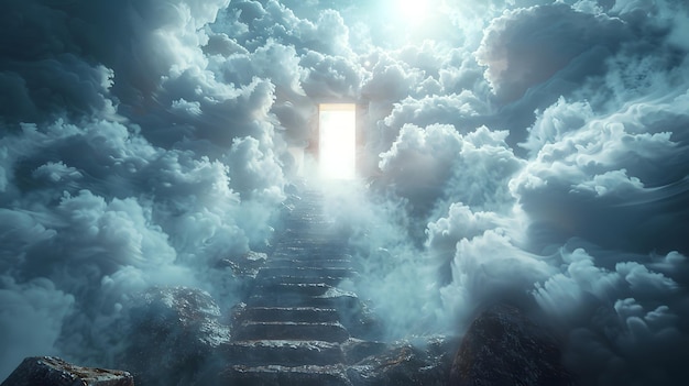 Un escalier du ciel est montré la porte entourée de feu et de fumée menant à une porte de lumière