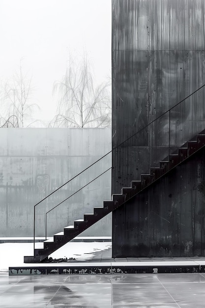 Un escalier est montré devant un bâtiment