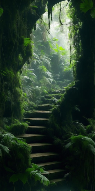 Un escalier fantastique dans la forêt Photo de fond