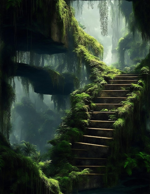 Un escalier fantastique dans la forêt Photo de fond