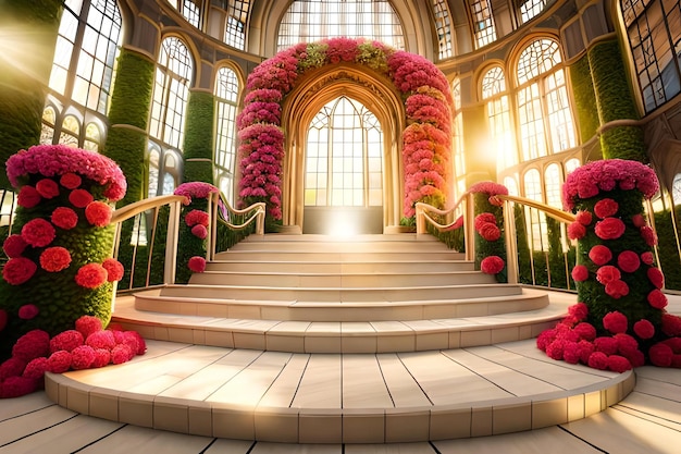Photo un escalier avec des fleurs et un escalier avec un balcon en arrière-plan