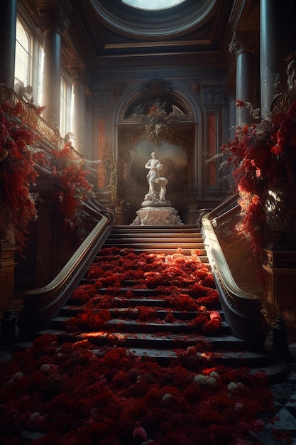 Un escalier avec des fleurs rouges dessus