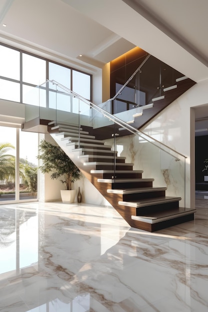Escalier en forme de L en marbre blanc de luxe avec fond intérieur en verre AI générative