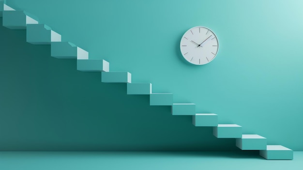 Un escalier avec une horloge sur chaque marche qui indique le succès.
