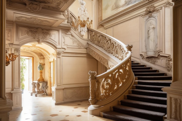 Escalier d'inspiration baroque dans une grande entrée créée avec une IA générative