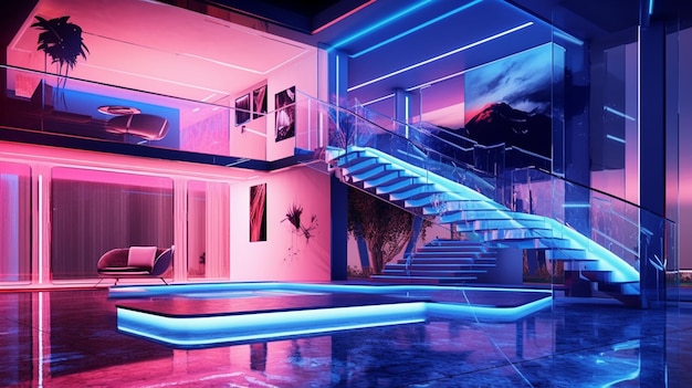Un escalier lumineux menant à une piscine dans une maison moderne générative ai
