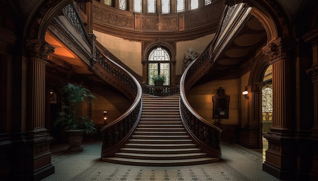 Escalier de luxe à l'intérieur du célèbre vieux bâtiment illuminé la nuit généré par l'IA