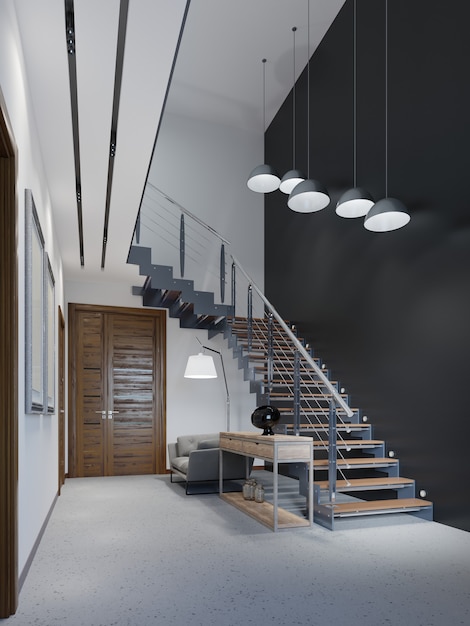 Escalier menant au deuxième étage d'un appartement moderne avec garde-corps en métal et marches en bois avec de grandes suspensions, design noir et blanc. rendu 3D.