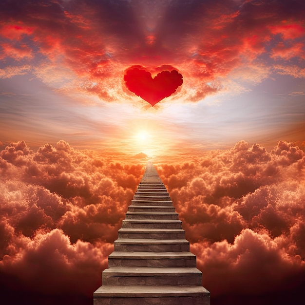 Escalier menant au nuage en forme de coeur dans le ciel