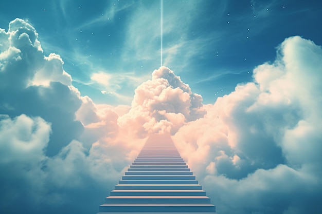 un escalier menant à un ciel lumineux avec des nuages