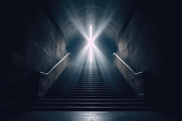 Escalier menant à la croix de lumière au bout du tunnel AI générative