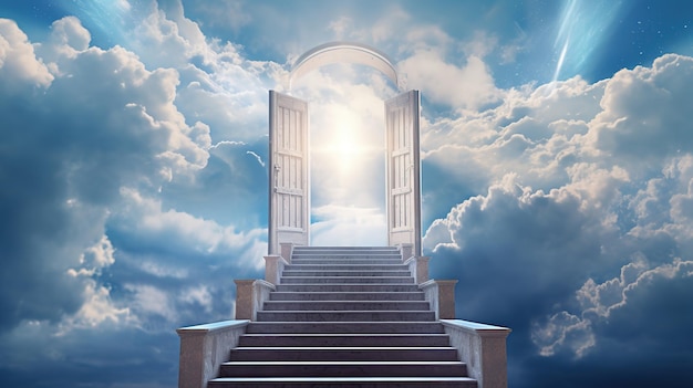 Un escalier menant à une porte dans le ciel entouré de nuages.