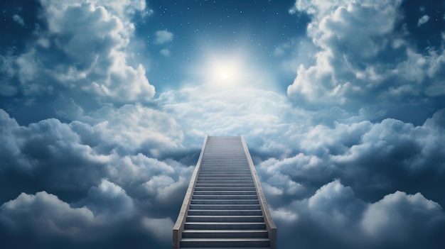 Un escalier menant à une porte dans le ciel entouré de nuages.