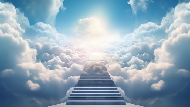 Un escalier menant à une porte dans le ciel entouré de nuages.