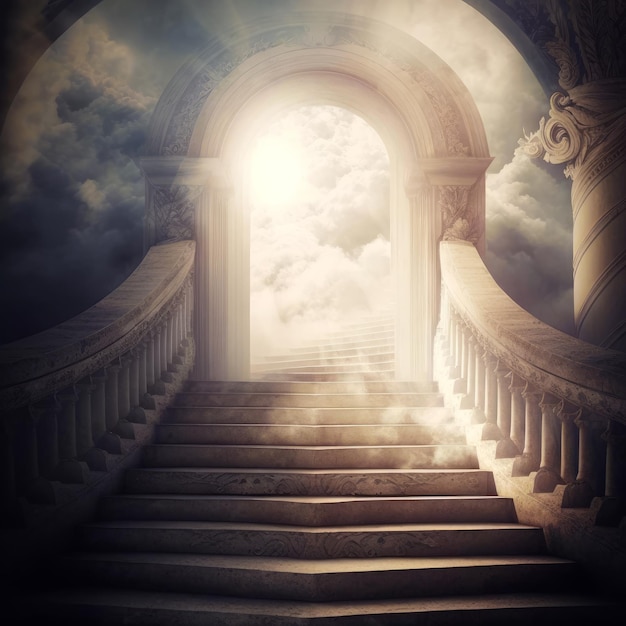 Escalier menant à une porte ouverte avec des nuages en arrière-plan Generative AI