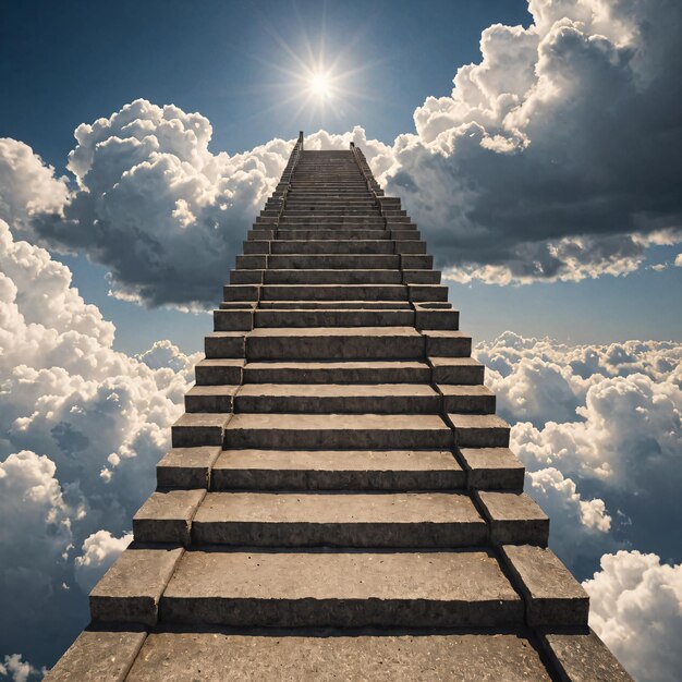 Photo un escalier menant vers les nuages avec un soleil brillant en arrière-plan et une personne debout sur t