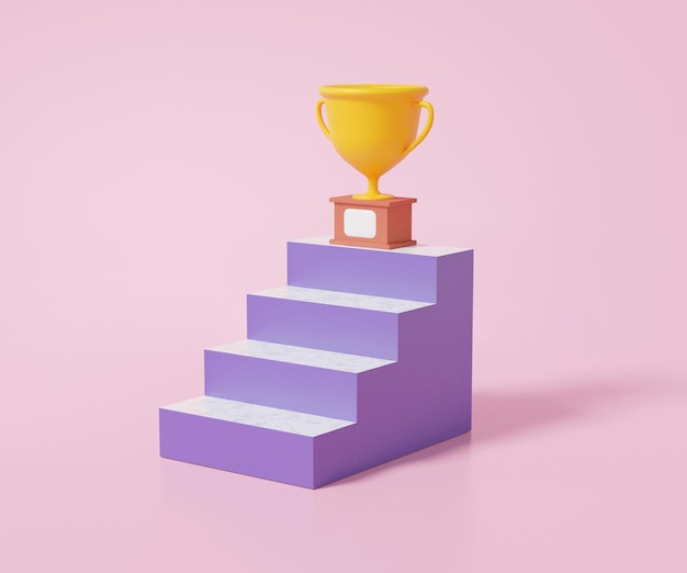 Escalier minimal 3D avec coupe du trophée sur fond rose féliciter le champion cible prix réussi meilleur 1er concept gagnant illustration de rendu 3d