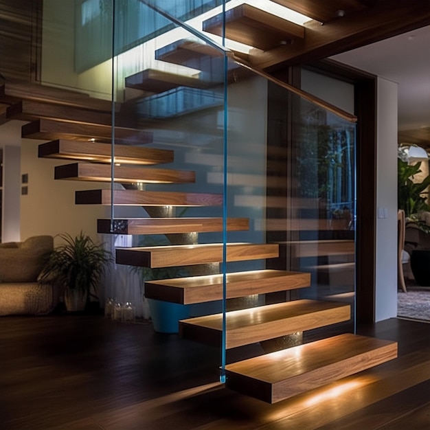 Un escalier moderne avec un mur de verre qui a conduit des lumières sur lui.