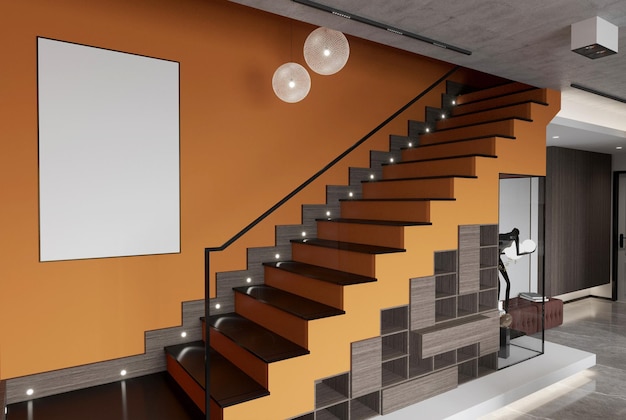 escalier orange avec mobilier de luxe pour cadre d'affiche vide maquette