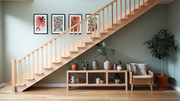 un escalier avec une plante sur l'étagère et une plante sur l'étagère.