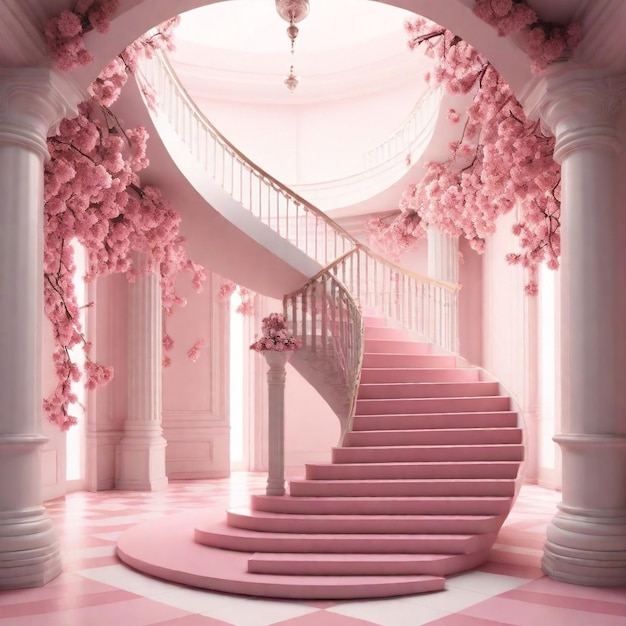 un escalier rose avec des fleurs roses et des escaliers