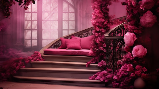 un escalier rose avec des fleurs roses