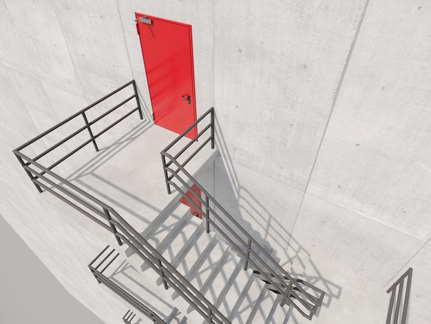 Escalier de secours en béton avec porte en métal rouge à l'extérieur du bâtiment rendu 3D