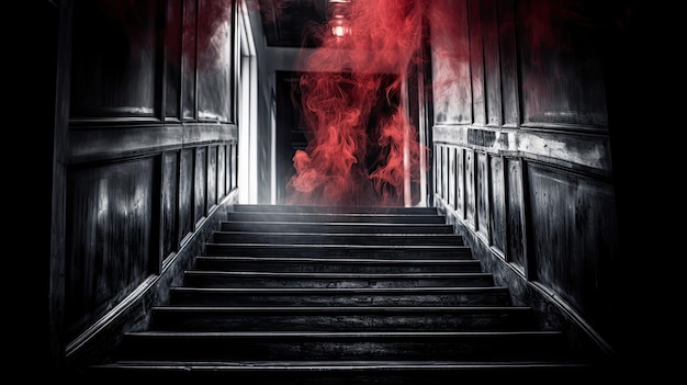 Un escalier sombre d'où sort une fumée rouge.