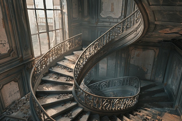 Un escalier en spirale dans un manoir abandonné orné