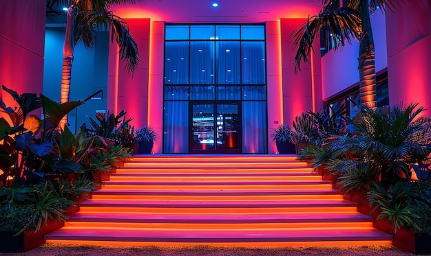 un escalier en tapis rouge avec un palmier au milieu
