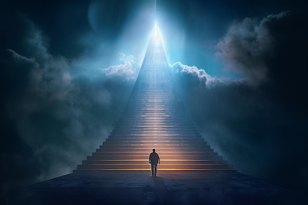 Escalier vers le ciel dernier voyage vers l'au-delà concept religieux bible anges mort vie éternelle au paradis portes du paradis rencontrant Dieu symbole du christianisme IA générative