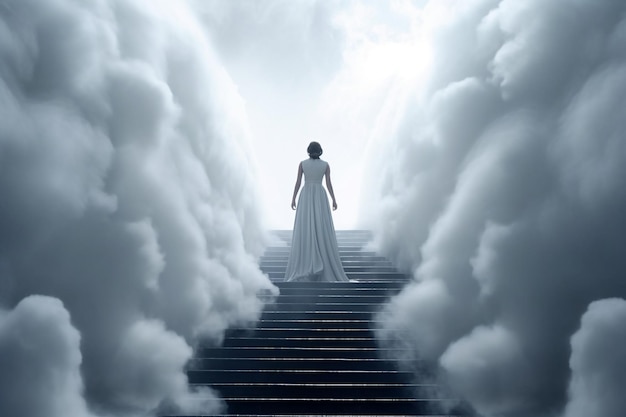 Escalier vers le ciel dernier voyage vers l'au-delà concept religieux bible anges mort vie éternelle au paradis portes du paradis rencontrant Dieu symbole du christianisme IA générative