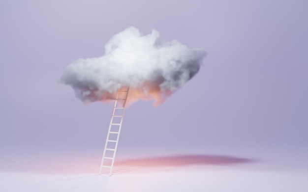 Escalier vers le ciel Idée créative d'art conceptuel et concept de rêves de croissance et de développement du succès montée échelle de carrière Nuage avec échelle sur fond violet isolé Illustration 3d réaliste