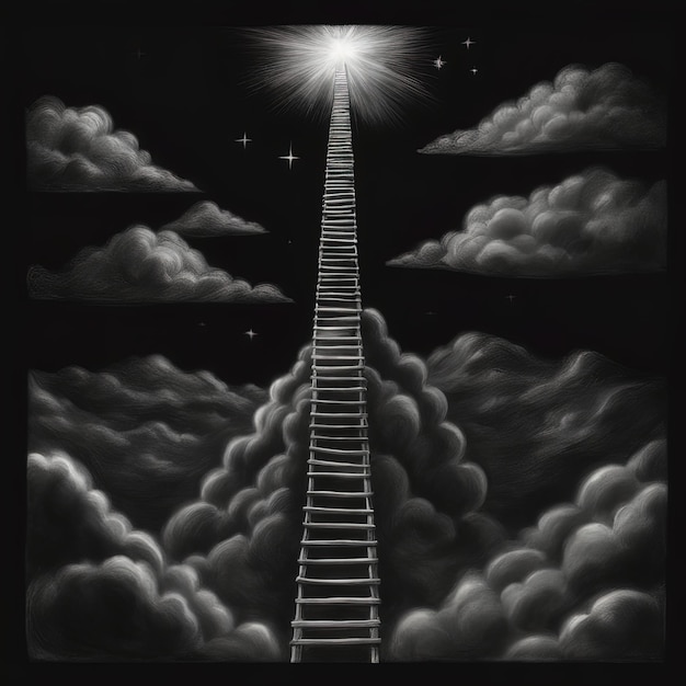 escaliers avec une ampoule et un escalier de lune jusqu'au sommet des étoiles avec des nuages