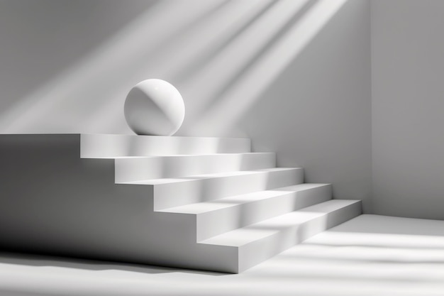Escaliers blancs avec une sphère blanche et une ombre