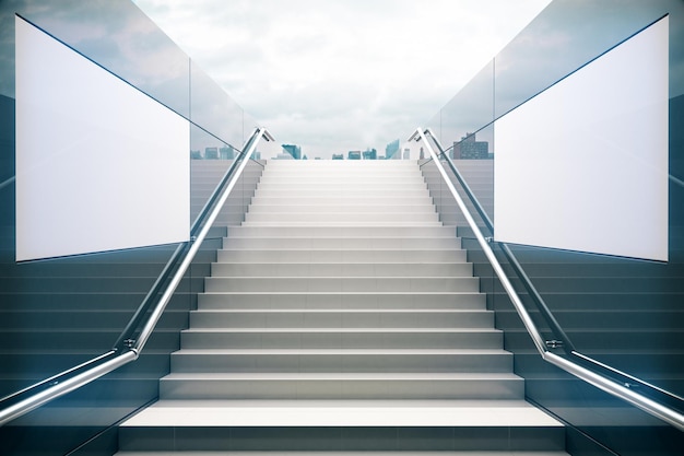 Escaliers blancs vides dans le métro piétonnier avec ciel terne rendu 3D