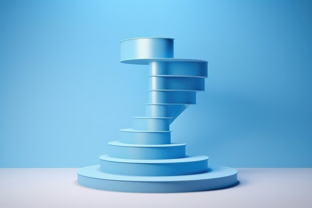 Escaliers bleus sur fond bleu rendu 3D illustration 3D Escalier en colimaçon avec un podium gagnant sur piédestal sur fond bleu dans un rendu 3D généré par l'IA