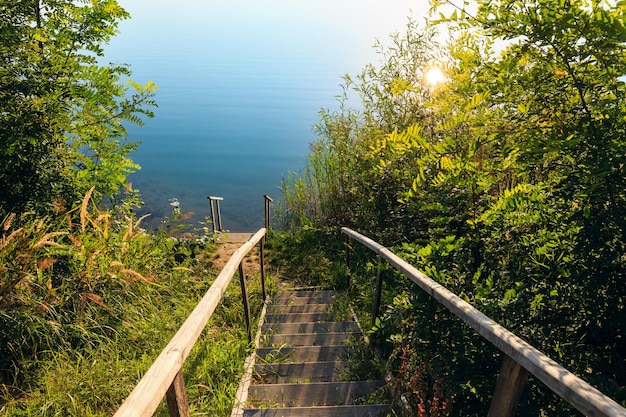 Escaliers en bois au lac d'été