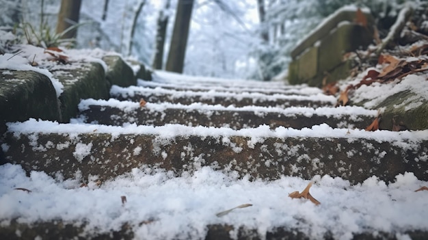Des escaliers enneigés dans la forêt d'hiver en gros plan avec une mise au point sélective
