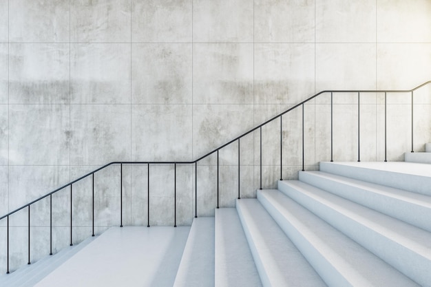 Escaliers lumineux en béton avec un endroit sale vide sur le mur Route vers le succès et le concept de défi rendu 3d