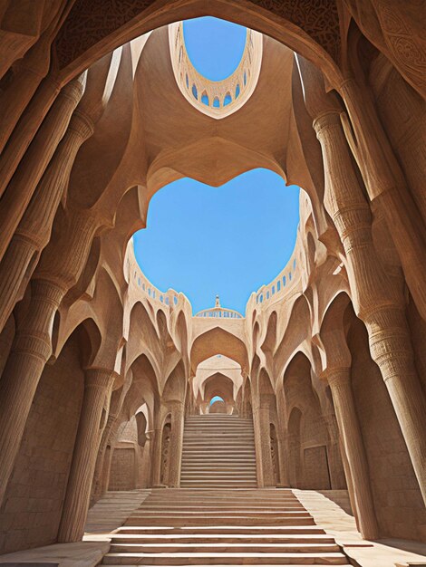 des escaliers menant à une grotte ouverte avec un ciel ouvert au-dessus dans le style de l'art et de l'architecture islamiques