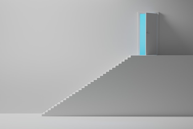 Escaliers menant à une porte ouverte avec lumière bleue