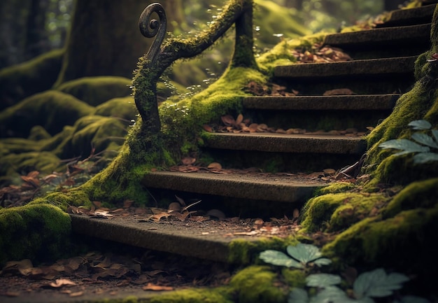 Escaliers avec de la mousse dans la forêt de la jungle