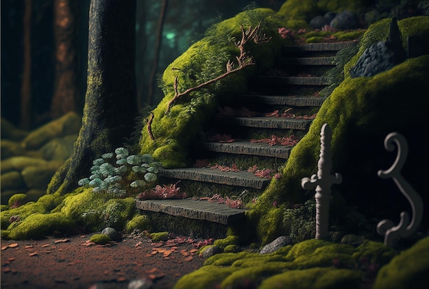 Escaliers avec de la mousse dans la forêt de la jungle